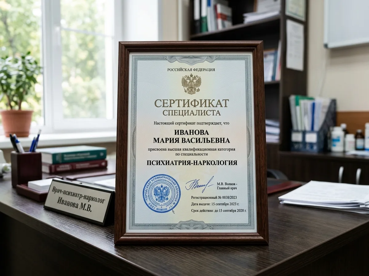 Сертификат специалиста психиатра-нарколога высшей категории с именем и печатью медицинской организации, подтверждающий квалификацию врача
