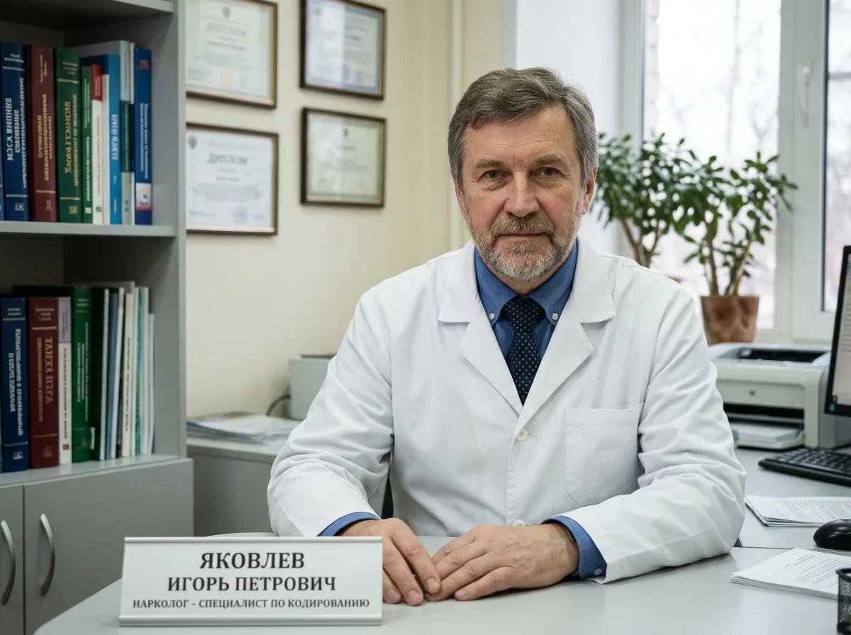 Нарколог Яковлев Игорь Петрович, портрет специалиста по кодированию от алкоголизма, медицинский фон